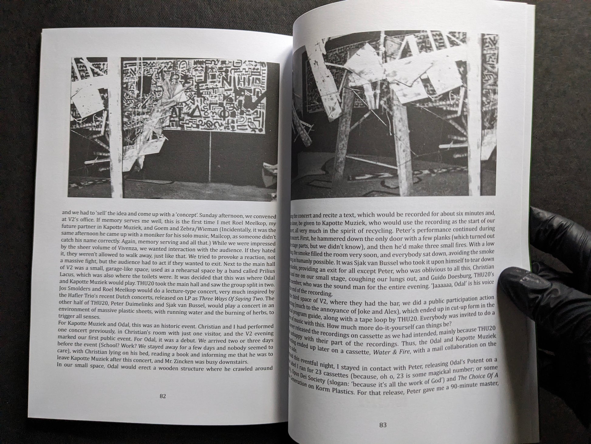 Interior spread from We Know How To Hate showing archival performance photographs and text on Opus Dei Society activities.
