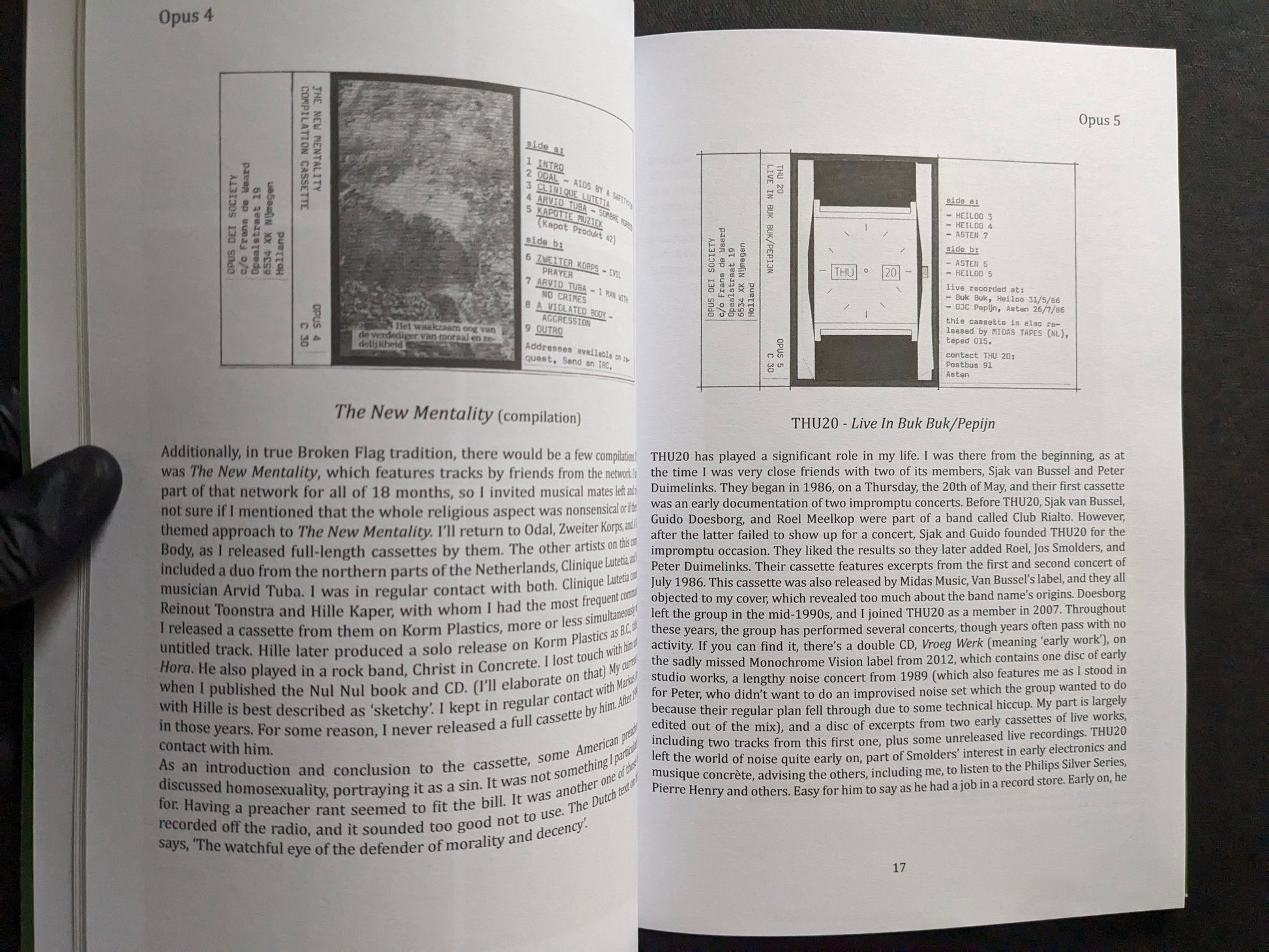 Interior spread with The New Mentality compilation and a THU20 cassette release.