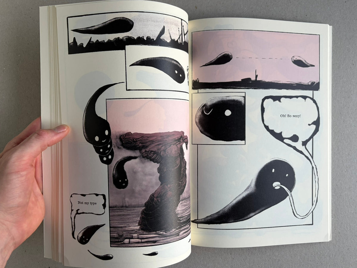 Weird Tales of Postapoland open to a spread of black teardrop-like forms and small speech balloons.