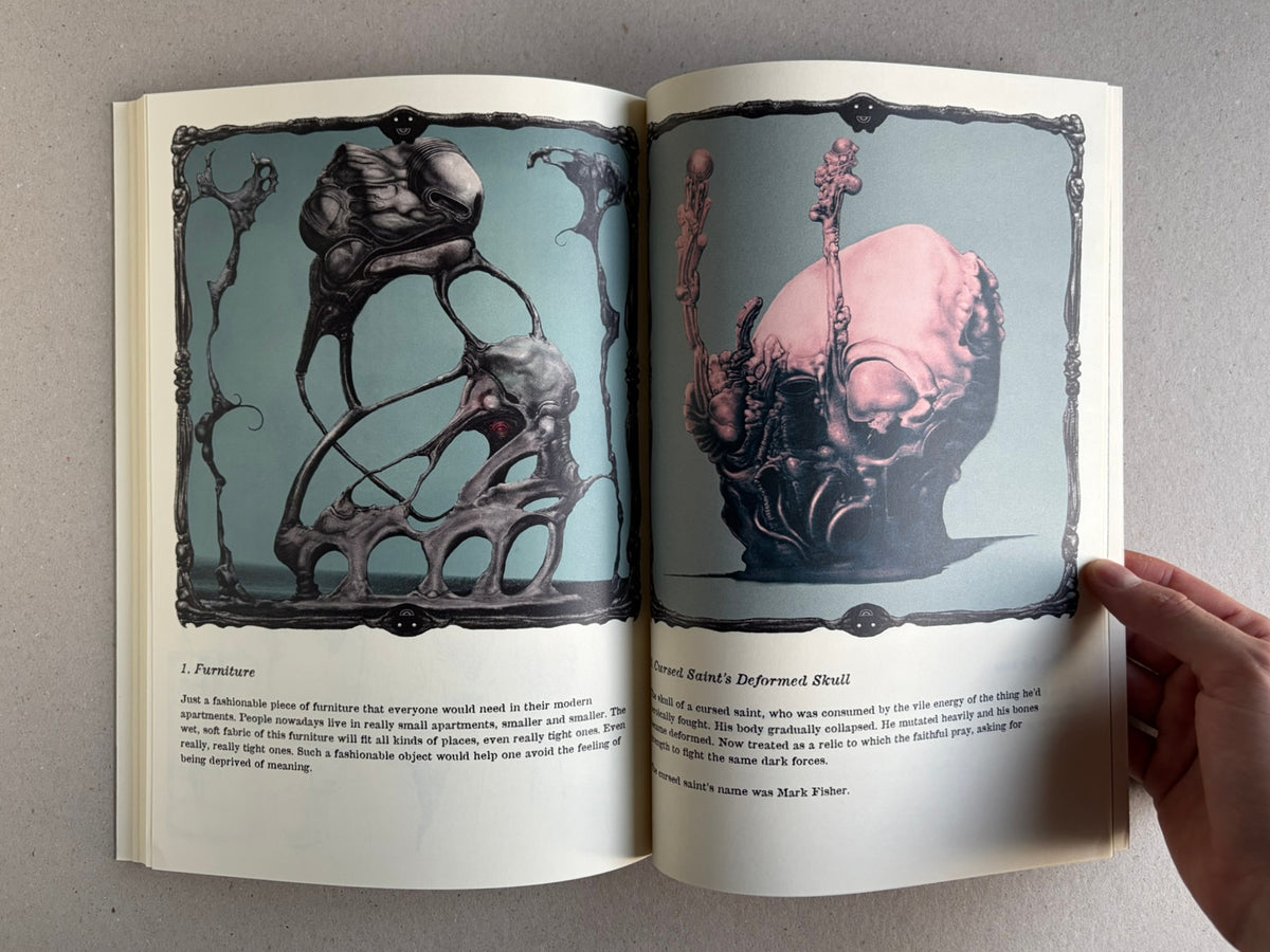 Weird Tales of Postapoland open to a spread of abstract creature forms on blue backgrounds.