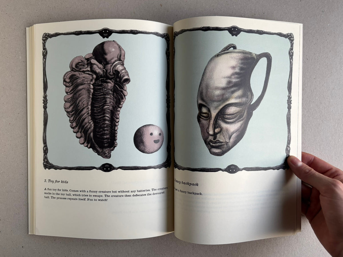 Weird Tales of Postapoland open to a two-page illustration of grotesque figures in framed panels.