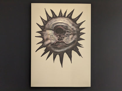 Back cover of Weird Tales of Postapoland with a disturbing black sun face illustration.