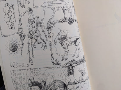 Abstract skeletal and humanoid figures in surreal landscape, black-and-white linework by Zaskòrski.