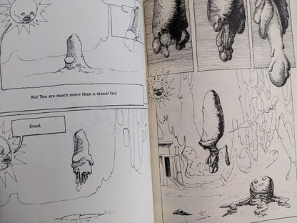 Grotesque foot-like creatures and cartoonish sun figure in surreal comic panel.