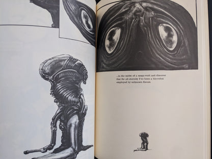 Alien figure kneeling before cosmic void with existential text narration.