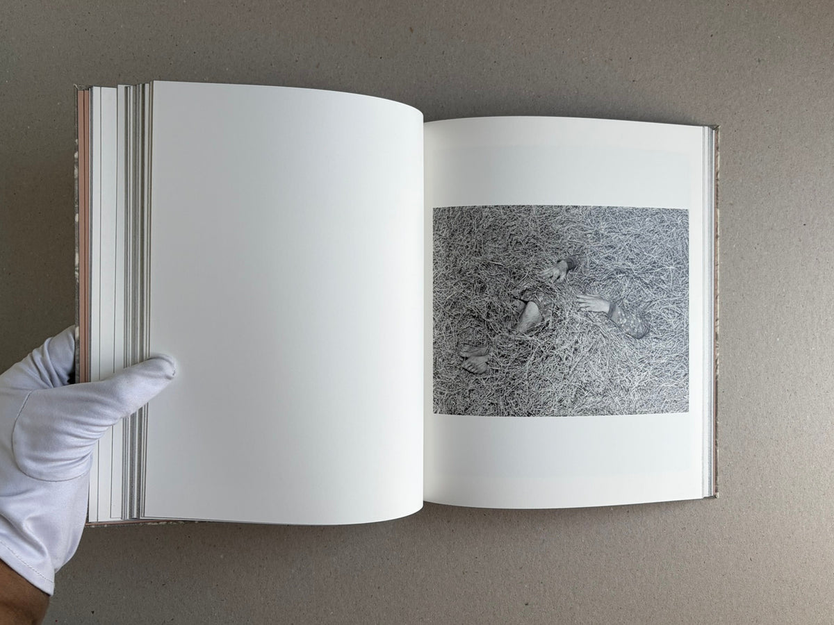 Open photobook spread from What the Rain Might Bring by Dylan Hausthor, showing a blank left page and a black-and-white image on the right page.