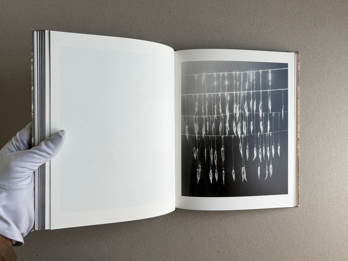 Open photobook spread from What the Rain Might Bring by Dylan Hausthor, with a blank left page and a black-and-white image on the right page.