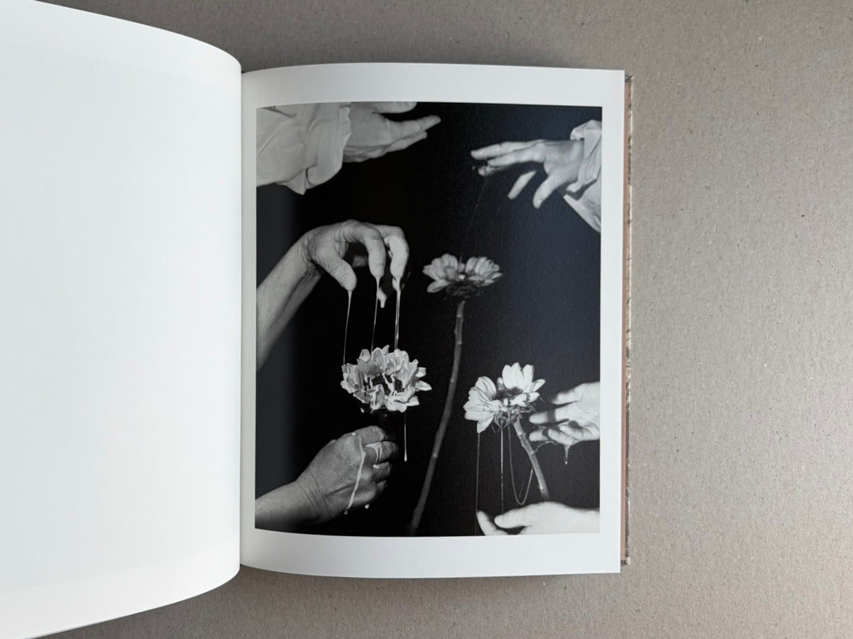 Open photobook spread from What the Rain Might Bring by Dylan Hausthor, showing a black-and-white page with hands and flowers against a dark background.