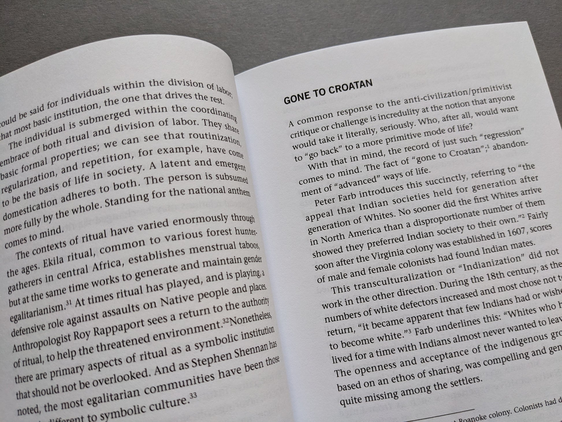 Interior page from When We Are Human by John Zerzan – chapter titled "Gone to Croatan"