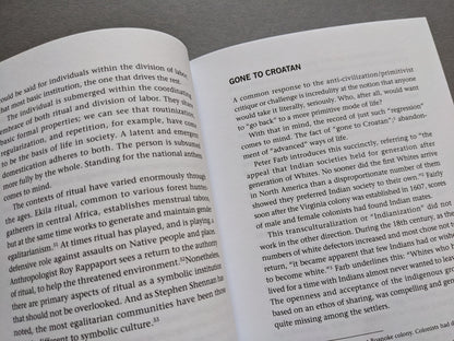 Interior page from When We Are Human by John Zerzan – chapter titled "Gone to Croatan"