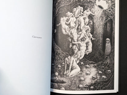 “Clairvoyance” spread from Where Shadows Breathe: The Art of Melf, black-and-white scene with multiple figures and scattered skulls.