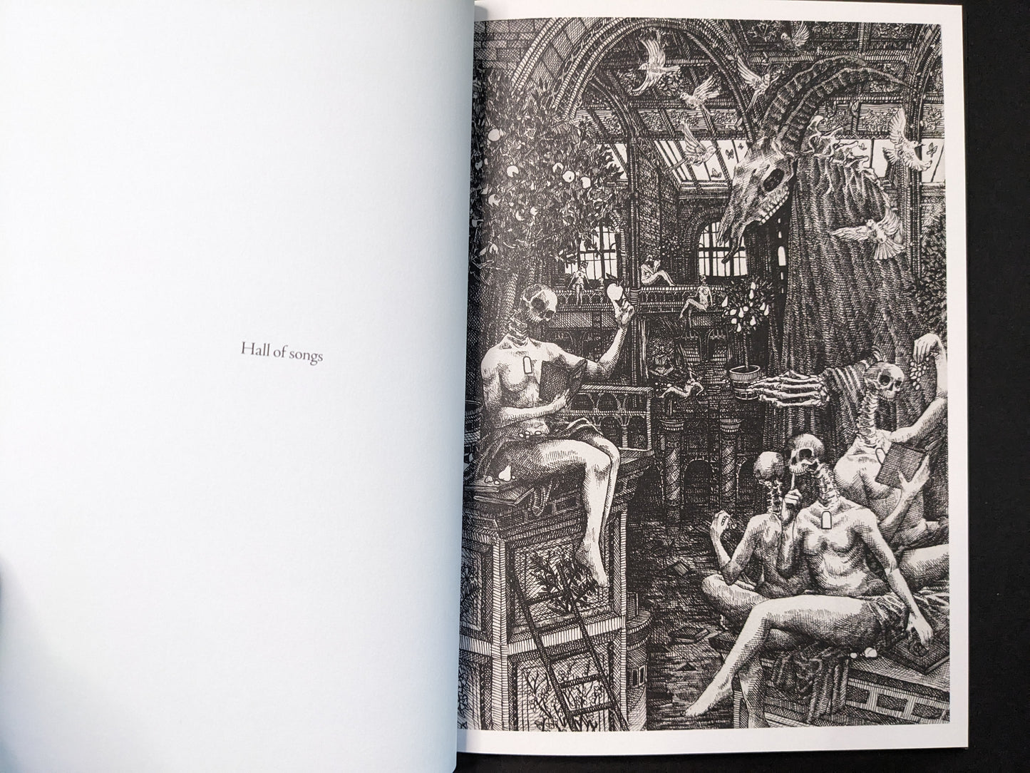 “Hall of songs” spread from Where Shadows Breathe: The Art of Melf, gothic black-and-white scene with figures, birds, and skull motifs.