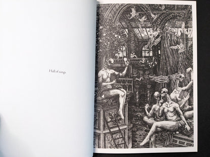 “Hall of songs” spread from Where Shadows Breathe: The Art of Melf, gothic black-and-white scene with figures, birds, and skull motifs.