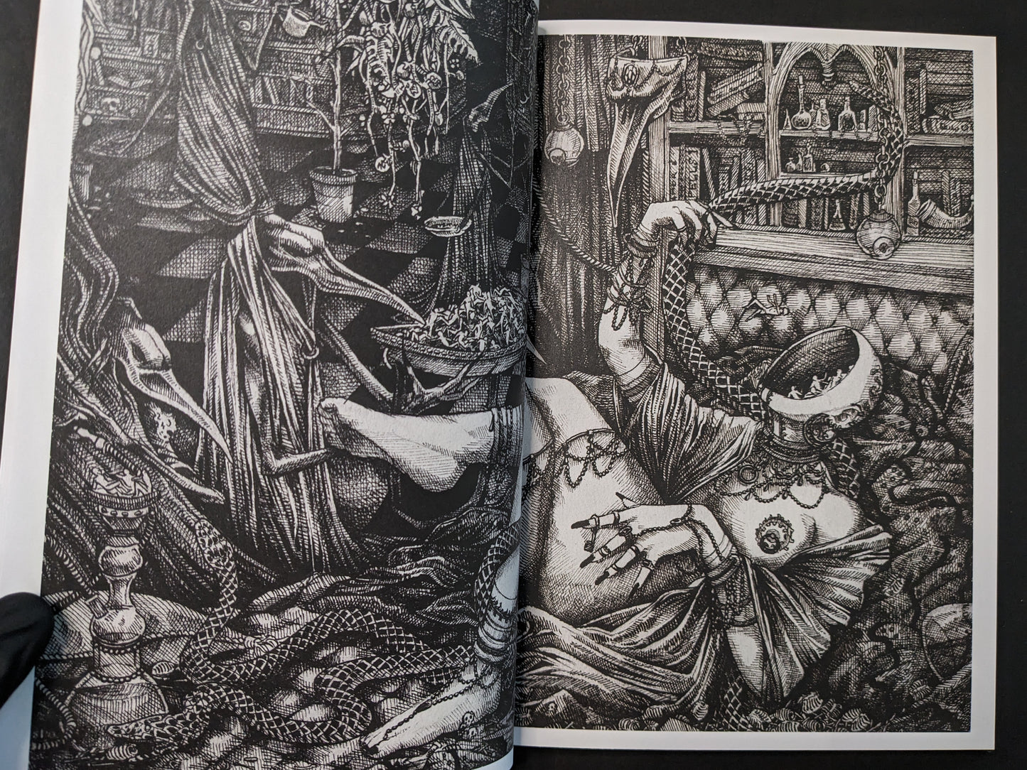 Interior spread from Where Shadows Breathe: The Art of Melf, dense black-and-white illustration with figures, animals, and ornamental detail.