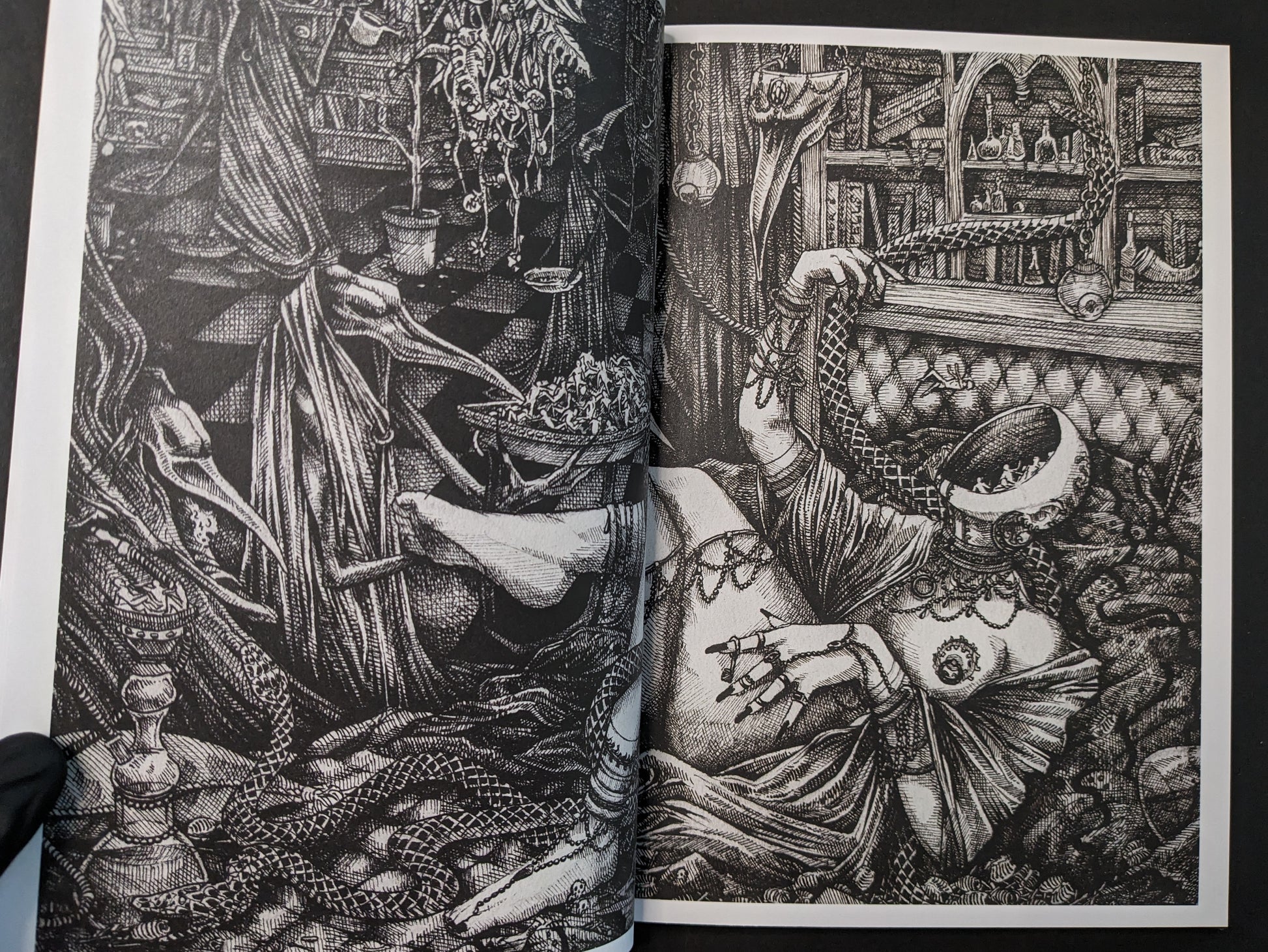 Interior spread from Where Shadows Breathe: The Art of Melf, dense black-and-white illustration with figures, animals, and ornamental detail.