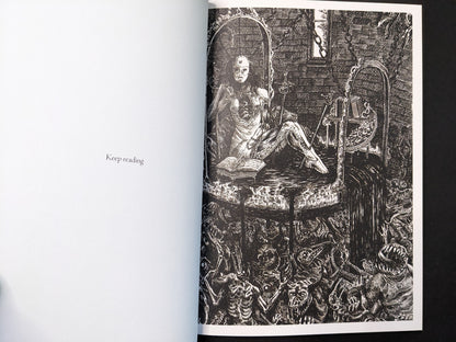“Keep reading” spread from Where Shadows Breathe: The Art of Melf, black-and-white illustration of a figure reading in a bathtub.