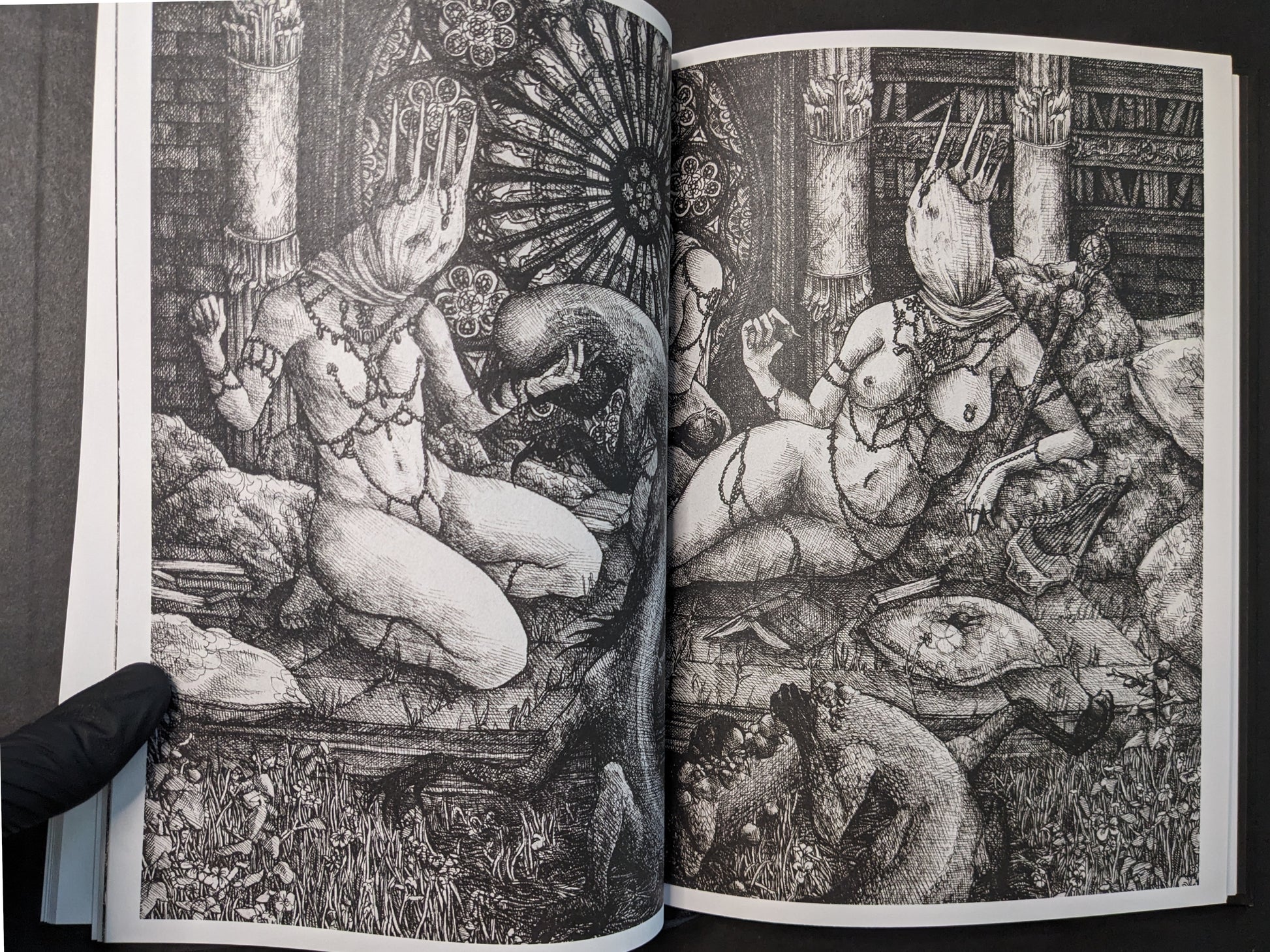 Interior spread from Where Shadows Breathe: The Art of Melf, detailed black-and-white drawing with masked figures and heavy textures.