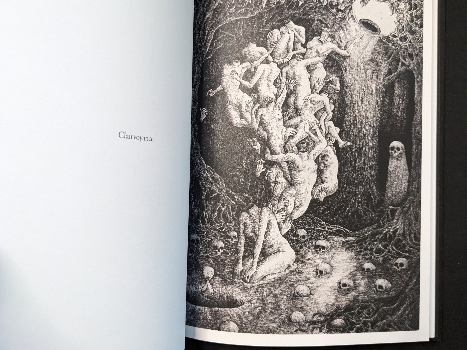 “Clairvoyance” spread from Where Shadows Breathe: The Art of Melf by Melf, black-and-white scene with multiple figures and scattered skulls.