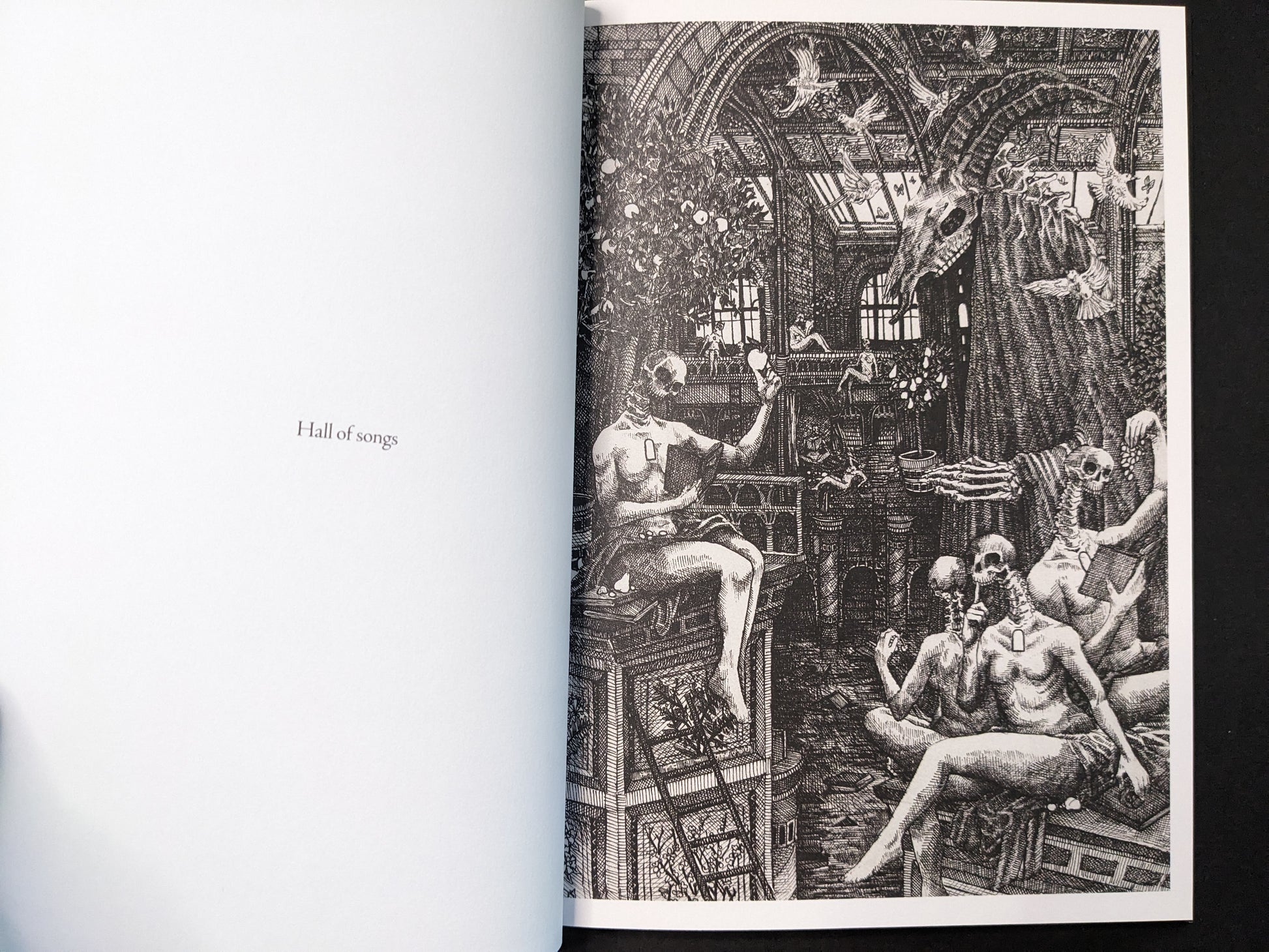 “Hall of songs” spread from Where Shadows Breathe: The Art of Melf by Melf, gothic interior scene in black-and-white with figures, birds, and skull motifs.