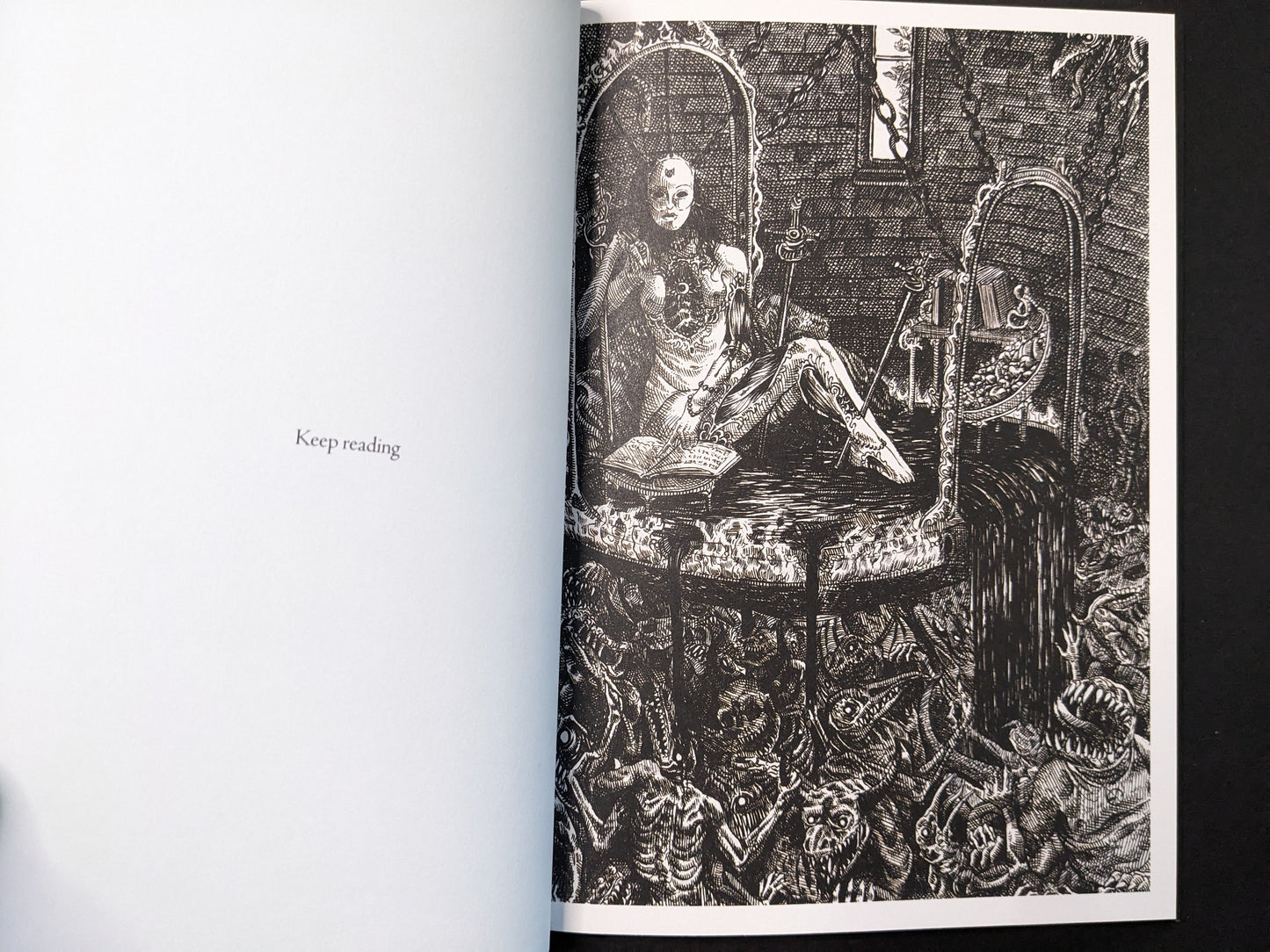 “Keep reading” spread from Where Shadows Breathe: The Art of Melf by Melf, black-and-white illustration of a figure reading in a bathtub.