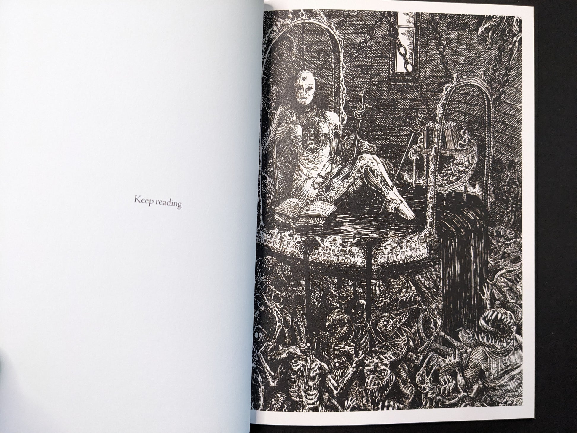 “Keep reading” spread from Where Shadows Breathe: The Art of Melf by Melf, black-and-white illustration of a figure reading in a bathtub.