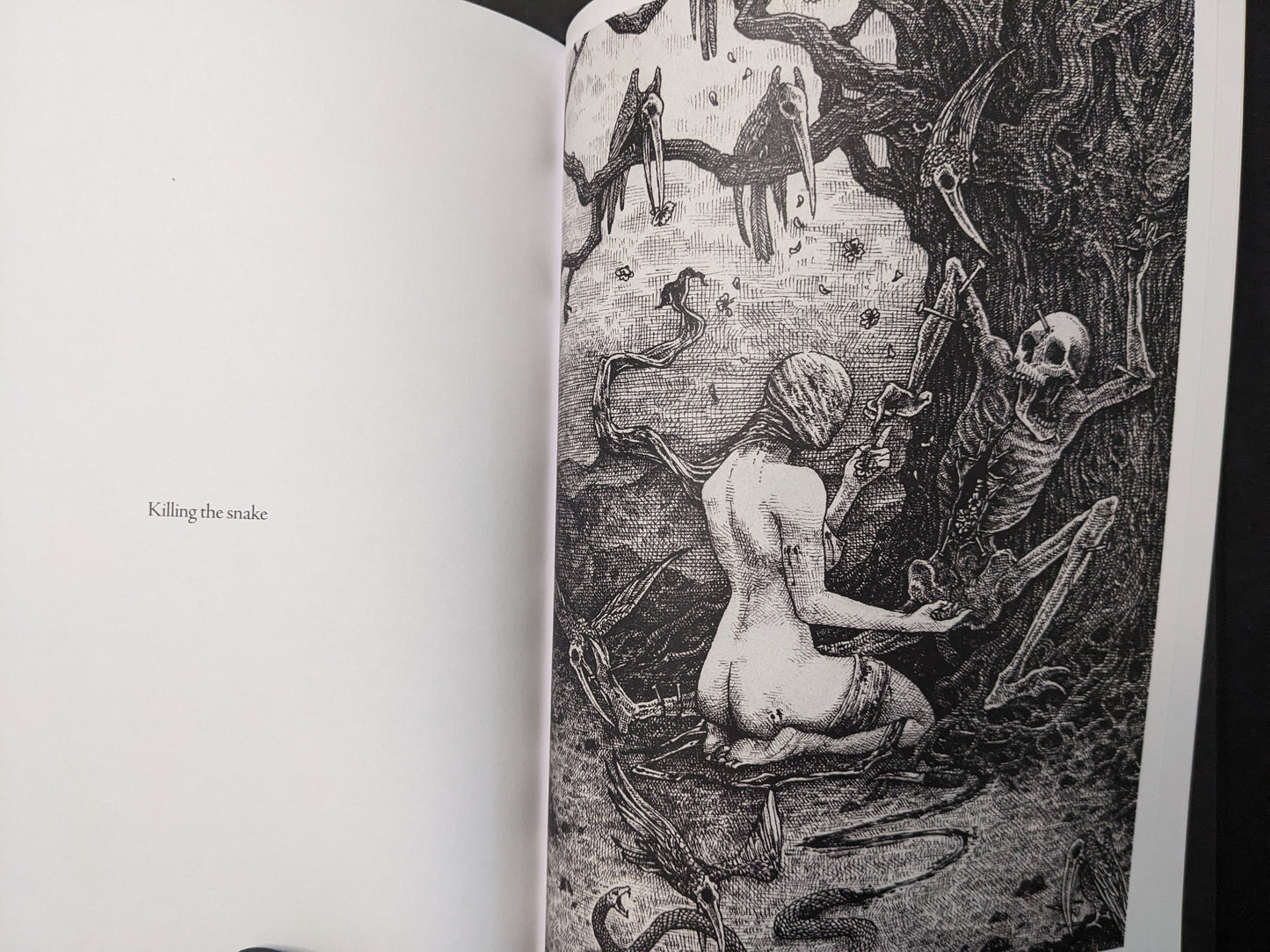 “Killing the snake” spread from Where Shadows Breathe: The Art of Melf by Melf, black-and-white scene with a kneeling figure, skeleton, and snake motifs.