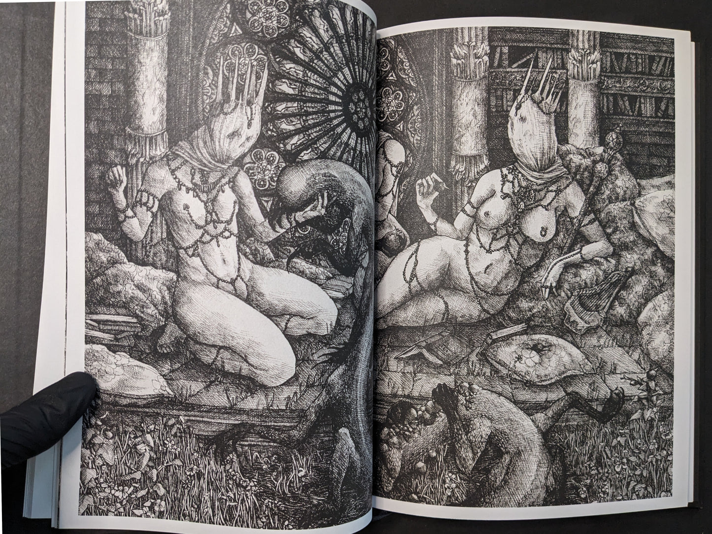 Interior spread from Where Shadows Breathe: The Art of Melf by Melf, detailed black-and-white drawing with masked figures and heavy textures.