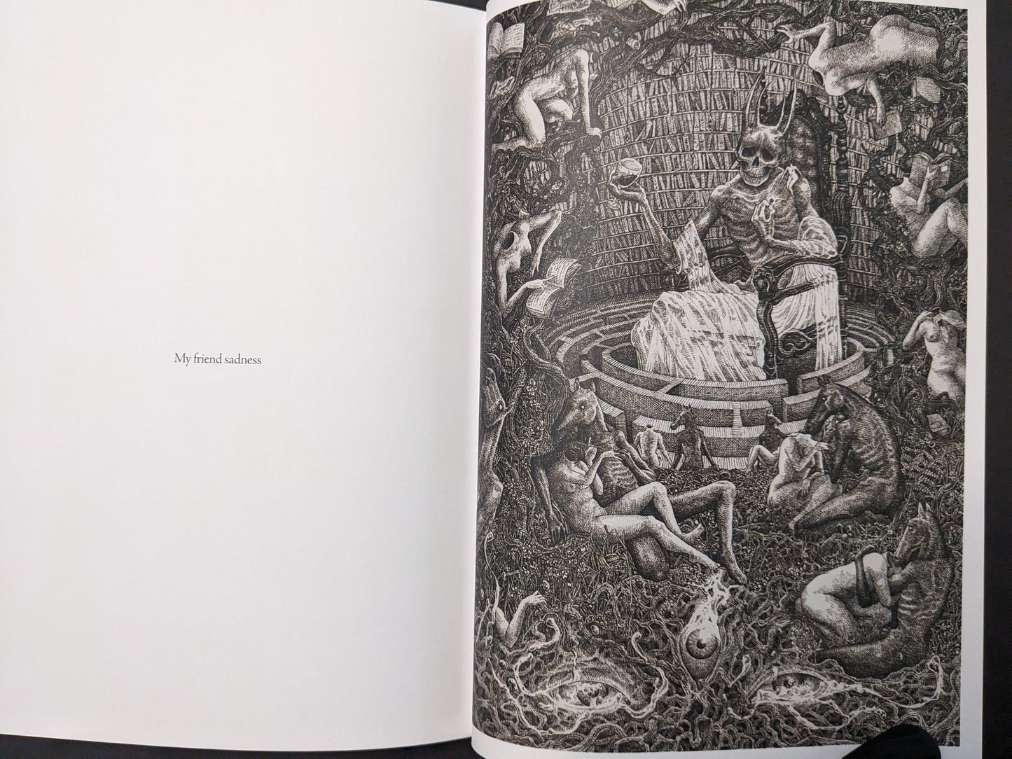 “My friend sadness” spread from Where Shadows Breathe: The Art of Melf, black-and-white illustration of a skeletal figure in a circular maze surrounded by dense figures and organic textures.