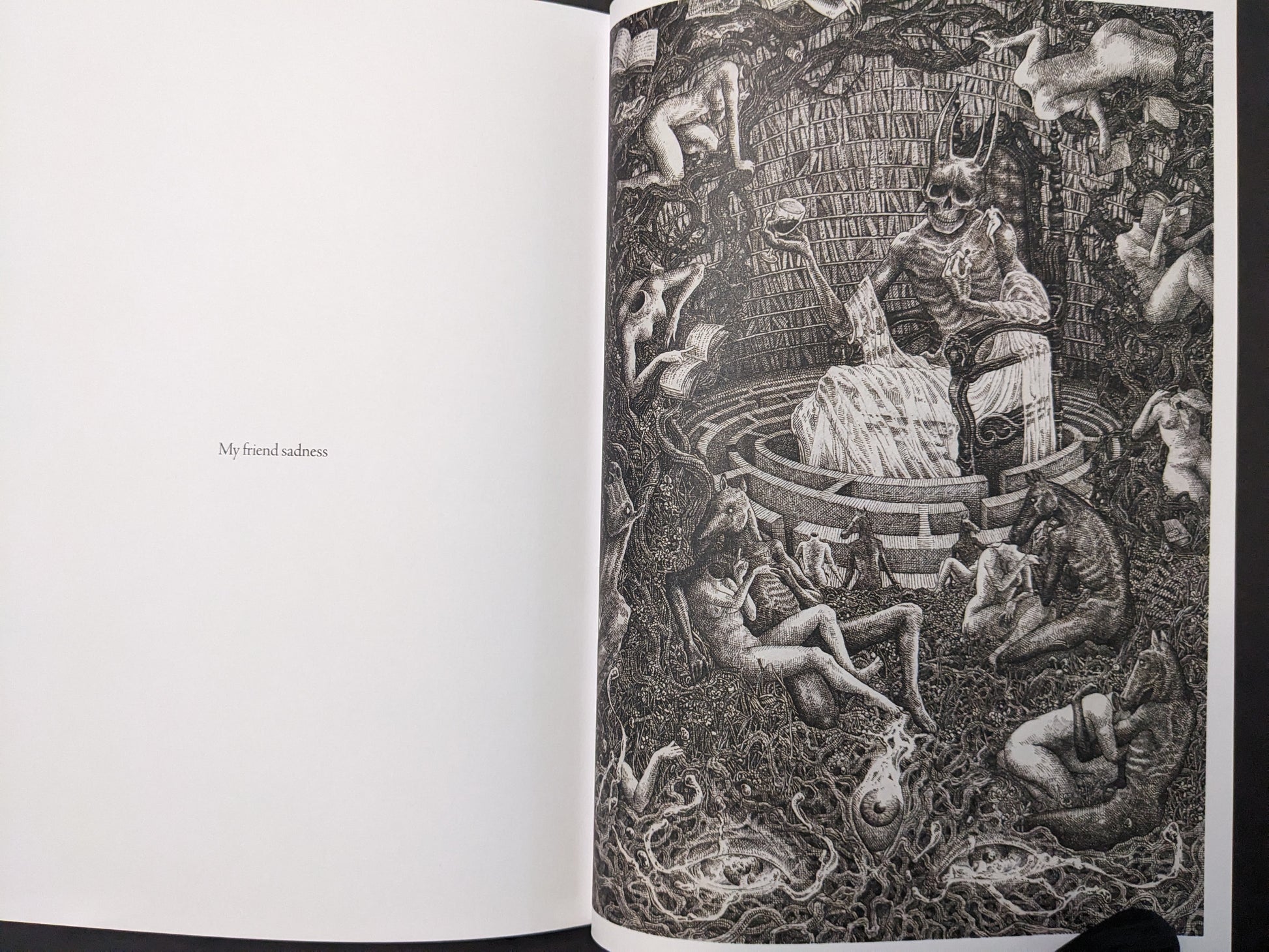“My friend sadness” spread from Where Shadows Breathe: The Art of Melf, black-and-white illustration of a skeletal figure in a circular maze surrounded by dense figures and organic textures.