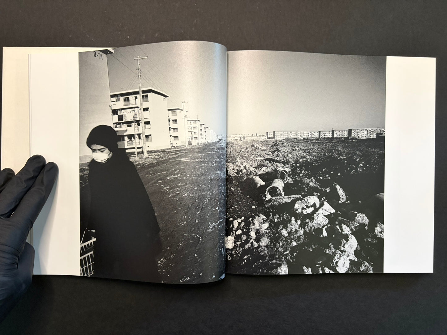 Open spread with a blurred figure at night on the left and a bag on rough ground on the right.