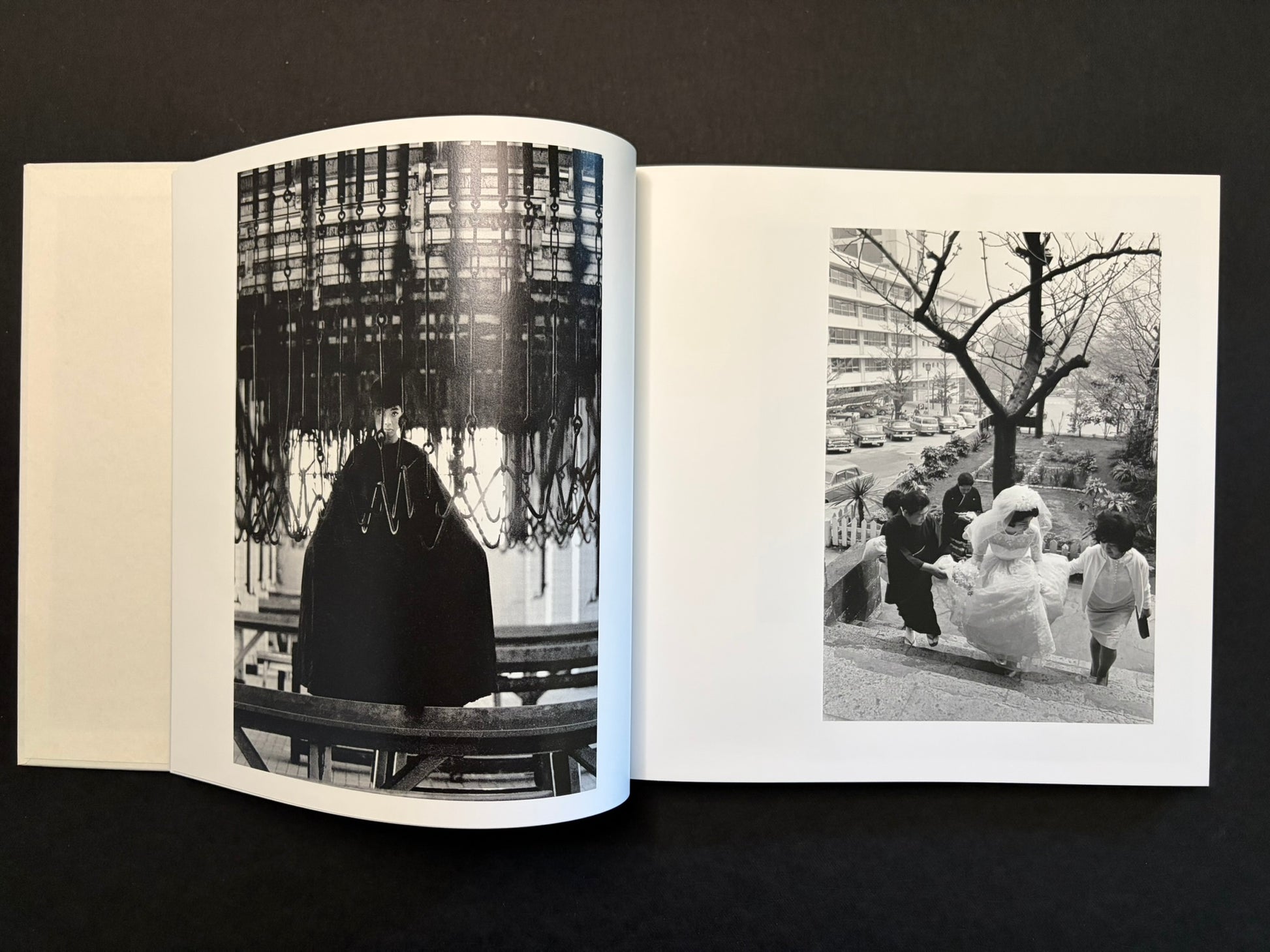 Two-page spread with a portrait on the left and a wedding scene on the right.