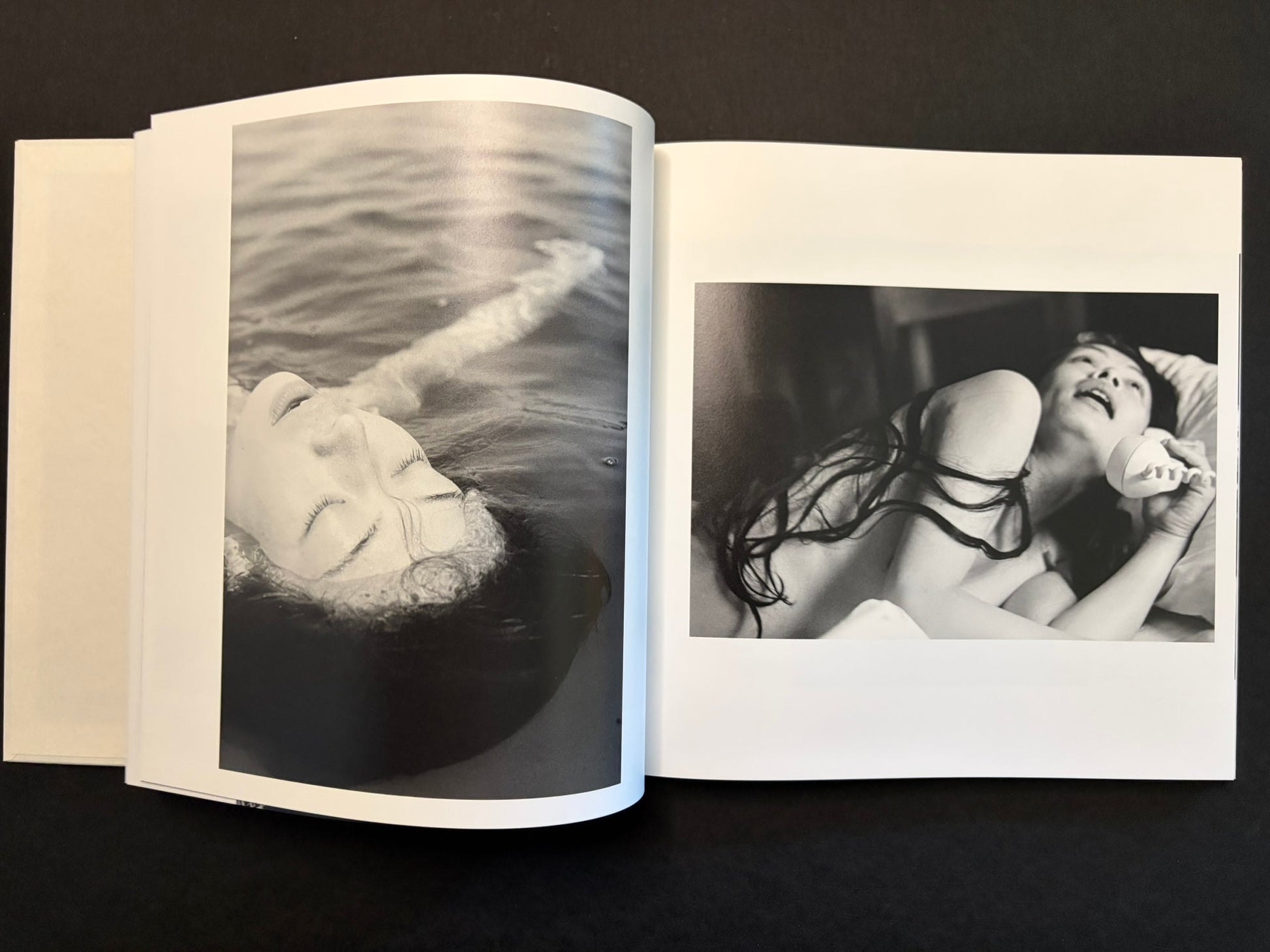 Open spread with a face reflected in an airplane window on the left and a crouching figure outdoors on the right.