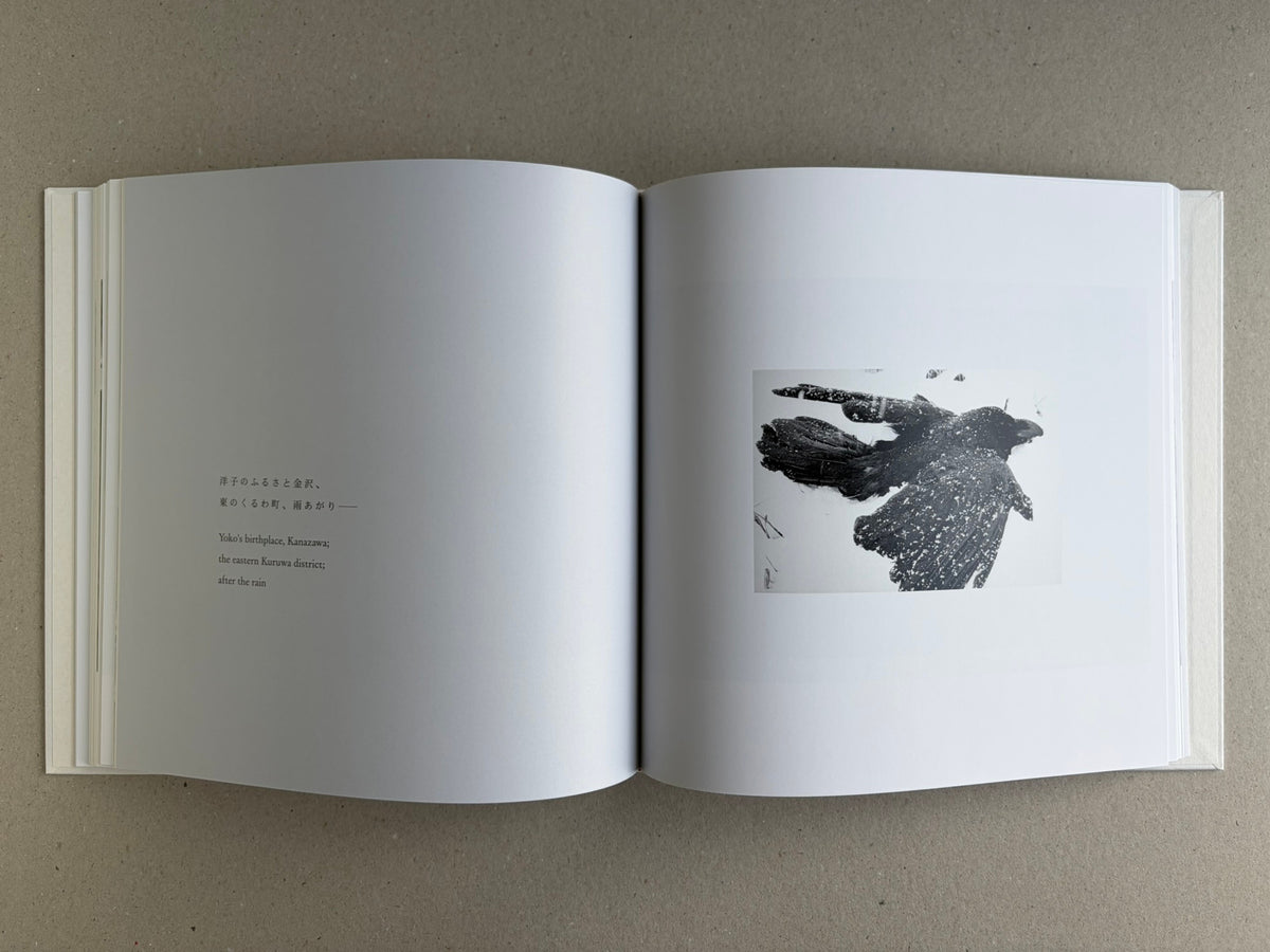 Yoko – Masahisa Fukase, spread with a short bilingual caption on the left and a raven in flight on the right.