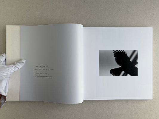 Yoko – Masahisa Fukase, open book showing a raven image on the right page and a short bilingual text on the left page.