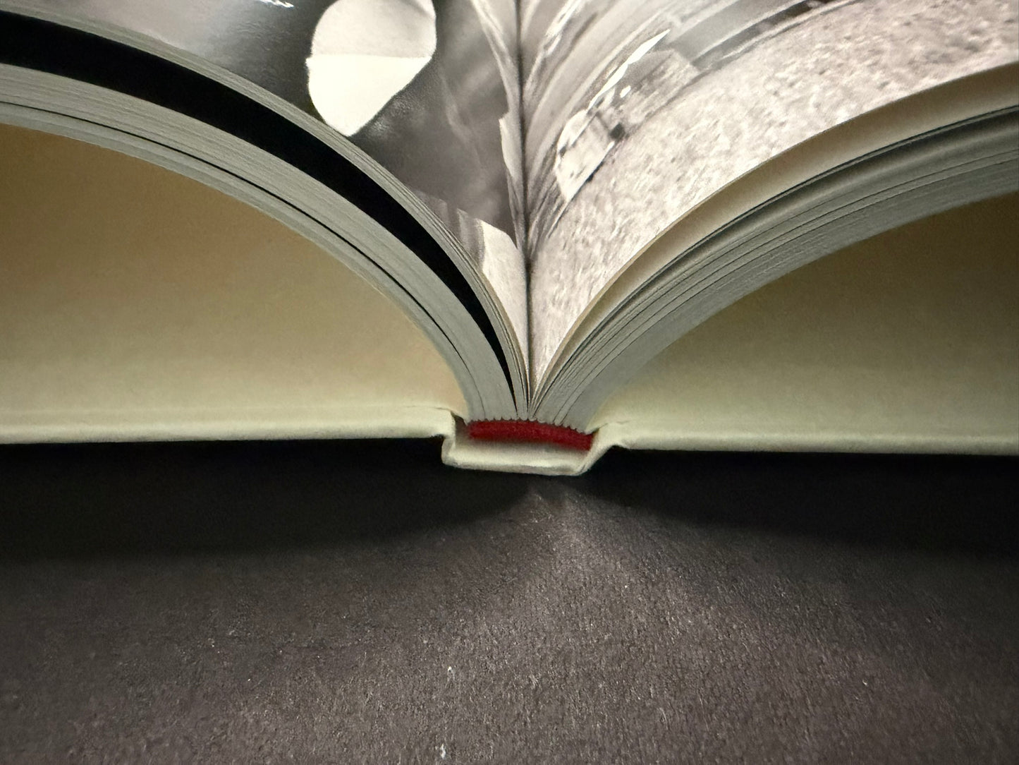 Open book viewed from the fore edge, with pages fanned around a central gutter.