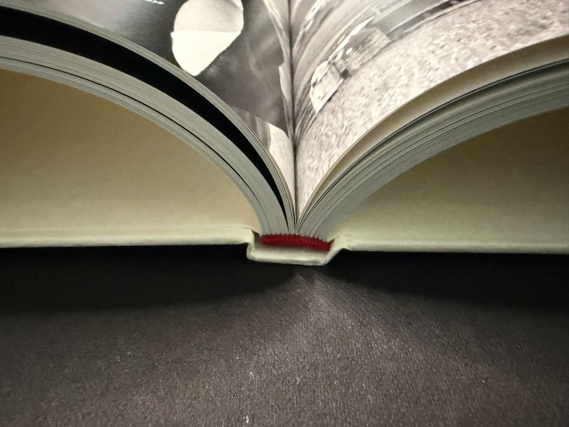 Open book viewed from the fore edge, with pages fanned around a central gutter.