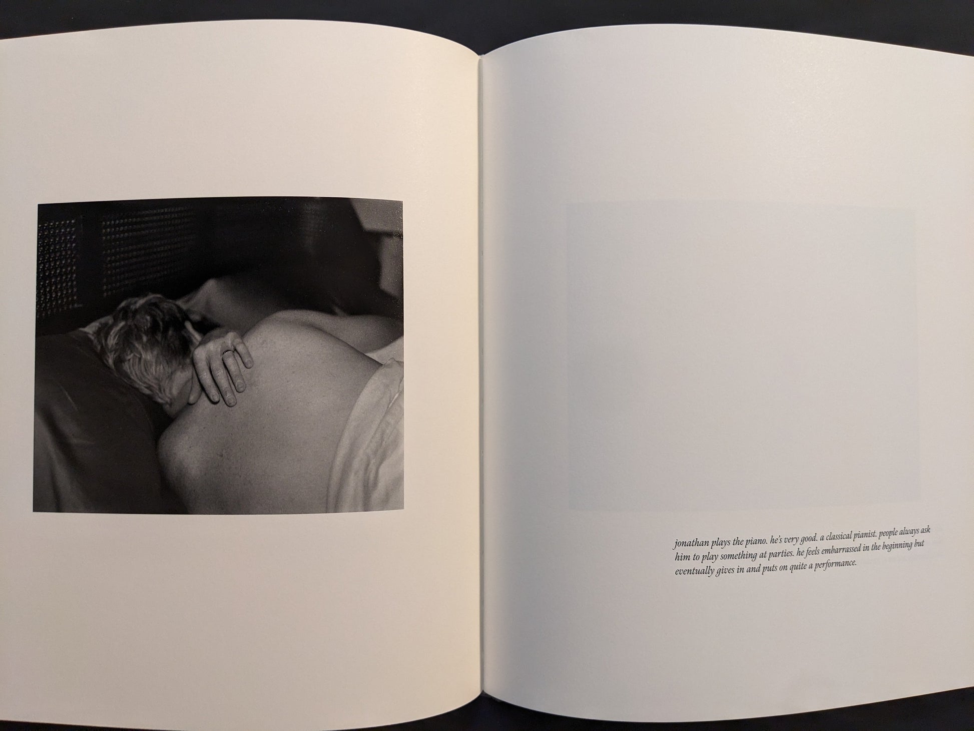 Spread from i shall sing these songs beautifully showing a black-and-white photograph of a man lying in bed, accompanied by a short text passage.