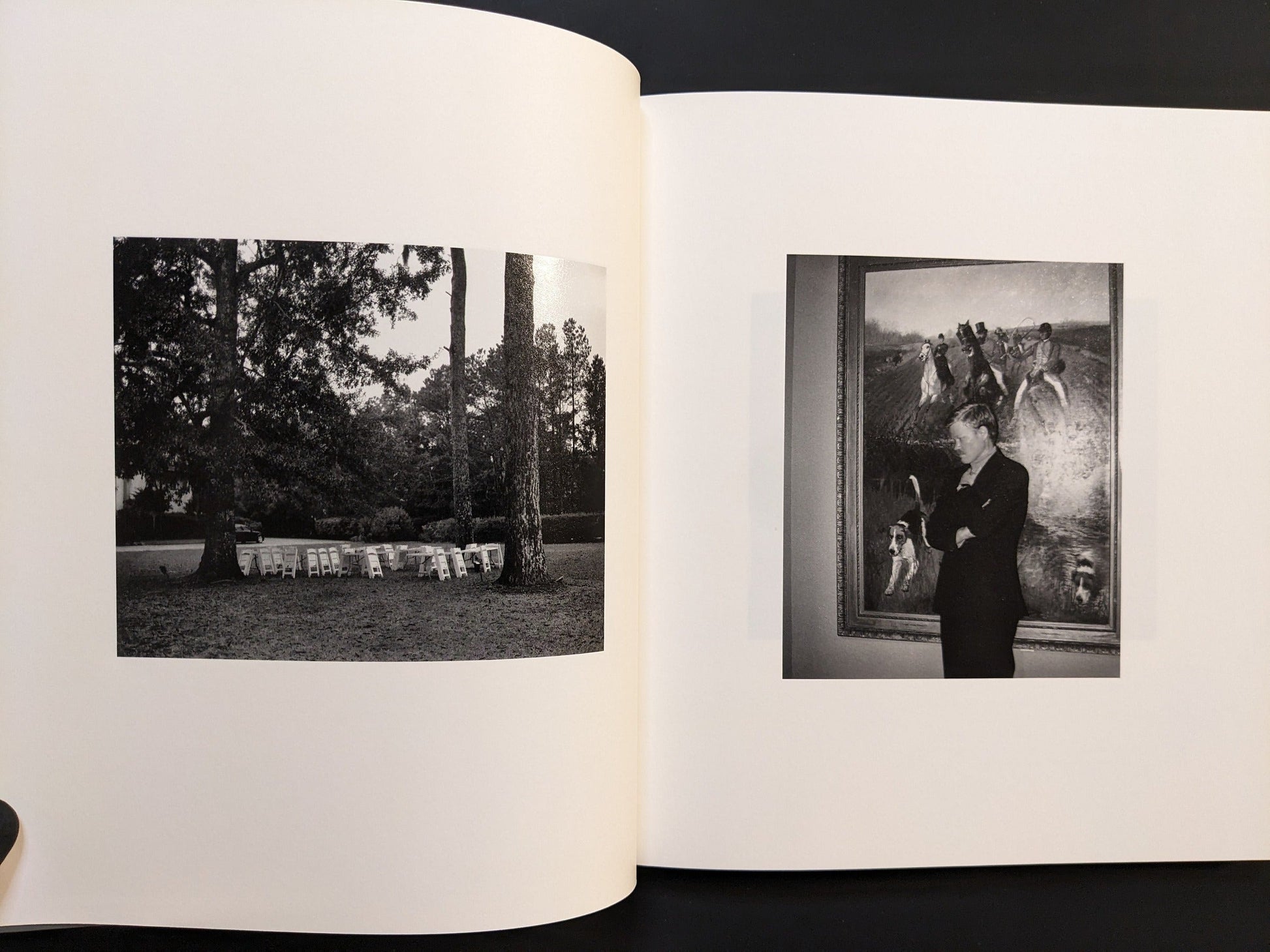 Spread from i shall sing these songs beautifully with two monochrome photographs — portrait in a museum and outdoor park scene.