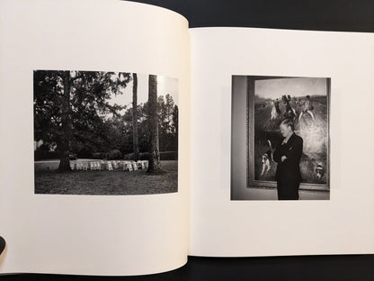 Spread from i shall sing these songs beautifully with two monochrome photographs — portrait in a museum and outdoor park scene.