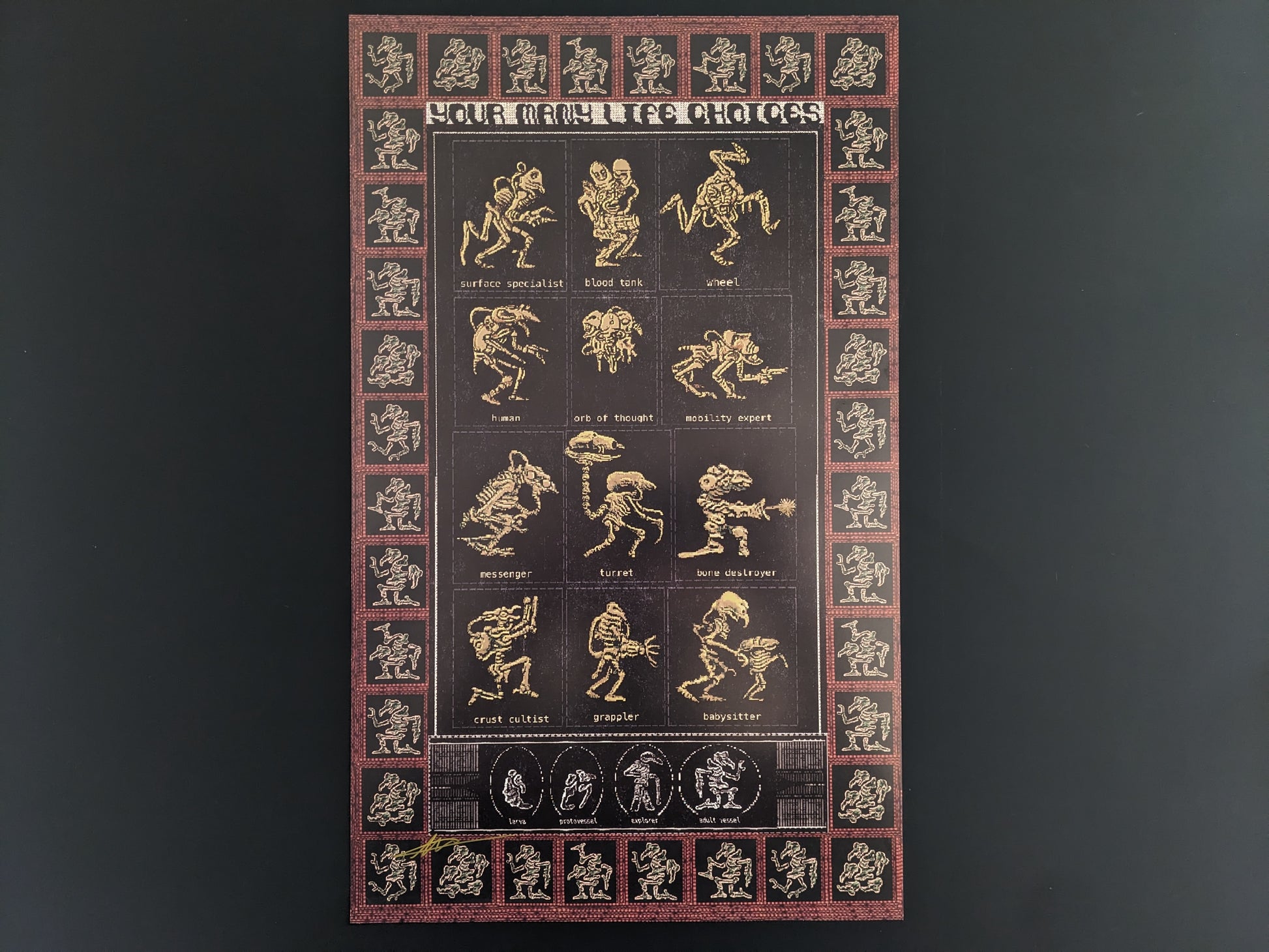 “Your Many Life Choices” limited GODHUSK art print by Plastiboo, signed edition, offset full-color print on glossy paper, 42 × 25.5 cm, Hollow Press 2024.