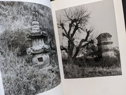 Interior spread of The Ancient Towers showing two photographs of Buddhist towers in natural surroundings.