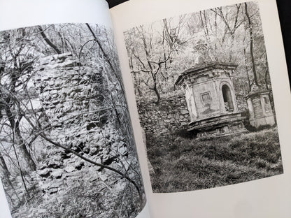 Pages from The Ancient Towers photobook with images of stone pagodas among trees.