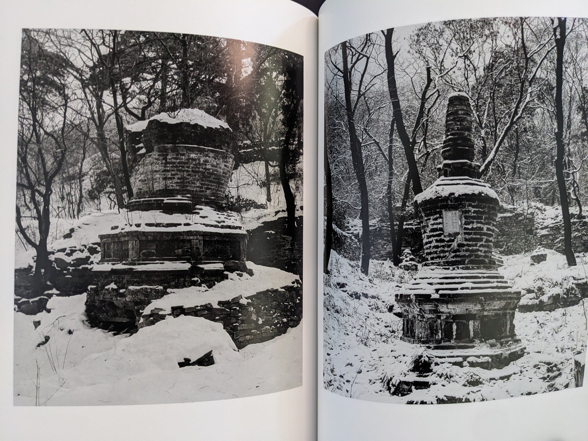 Buddhist pagodas photographed in winter landscapes, interior pages of The Ancient Towers.